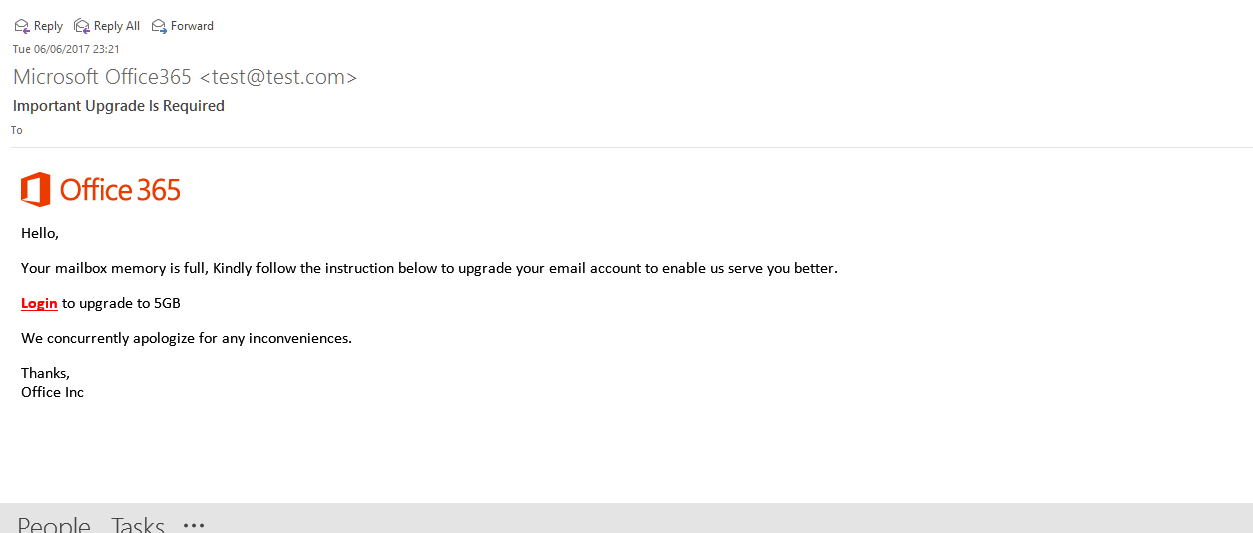 O365 upgrade phishing email