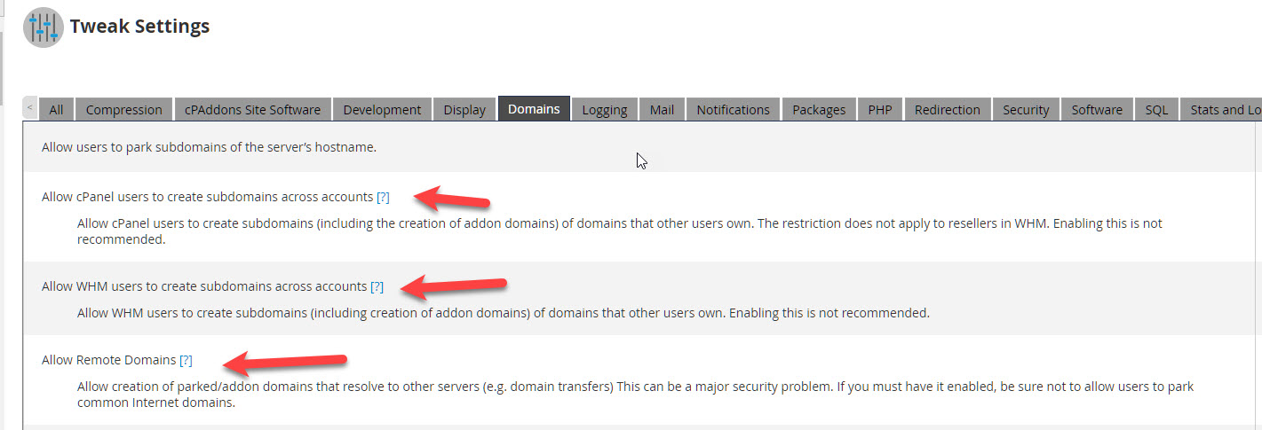 Cpanel WHM domain set up settings