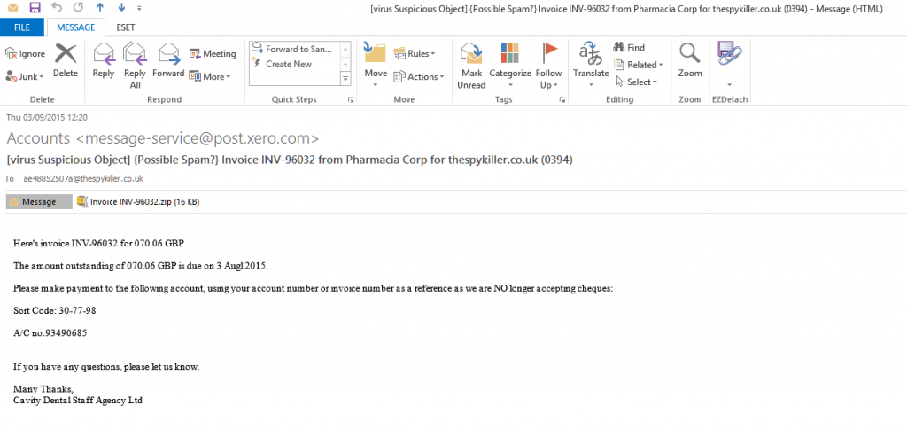 Invoice INV 96032 from Pharmacia Corp for thespykiller