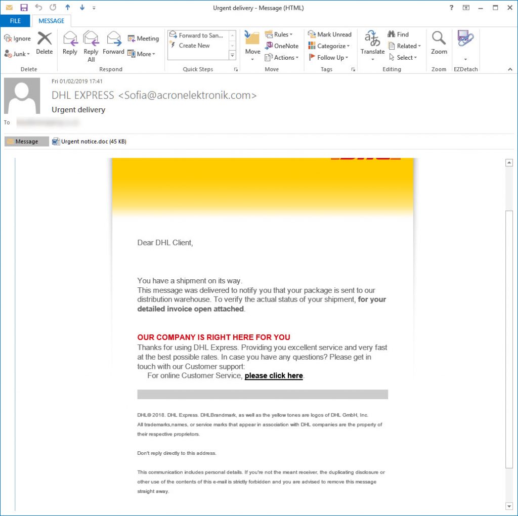 Next an example of the Fake DHL delivery messages