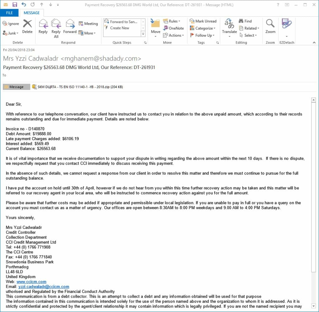 Fake CCICM international debt recovery service Email