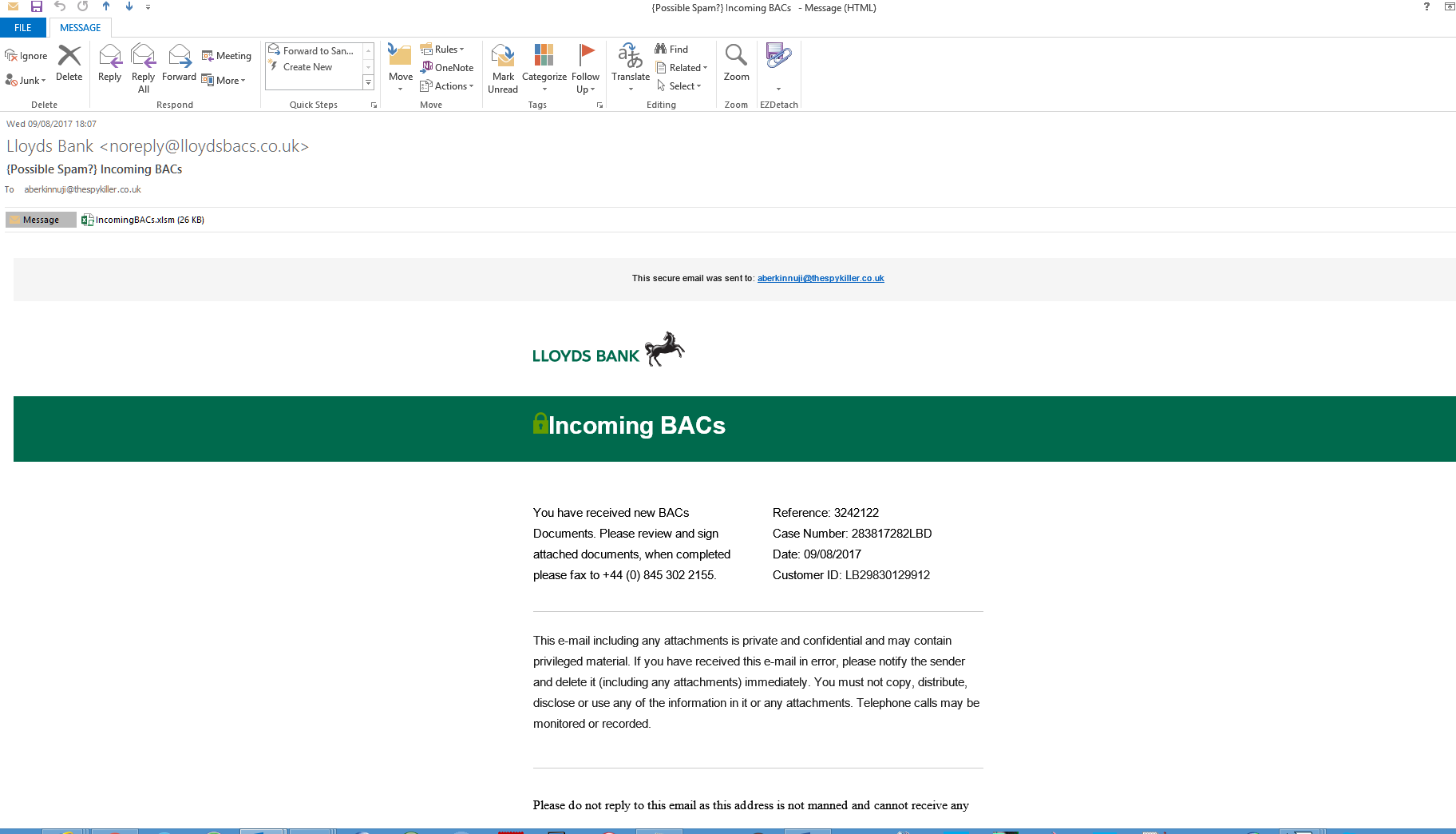 Spoofed Lloyds incoming BACS email