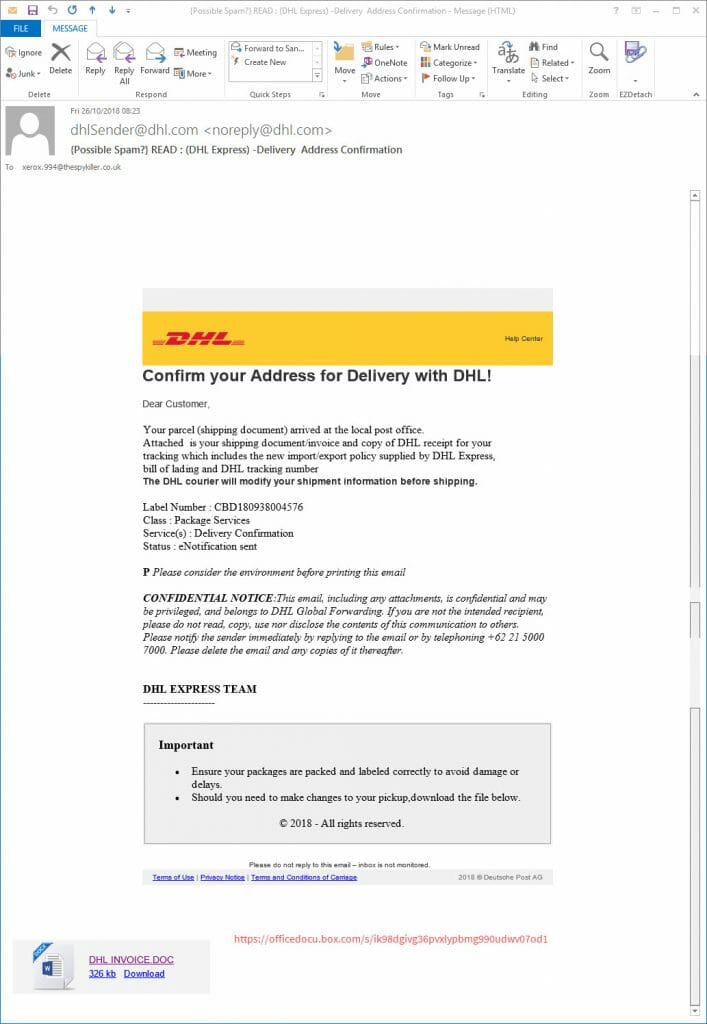 Fake DHL READ (DHL Express) Delivery Address Confirmation email