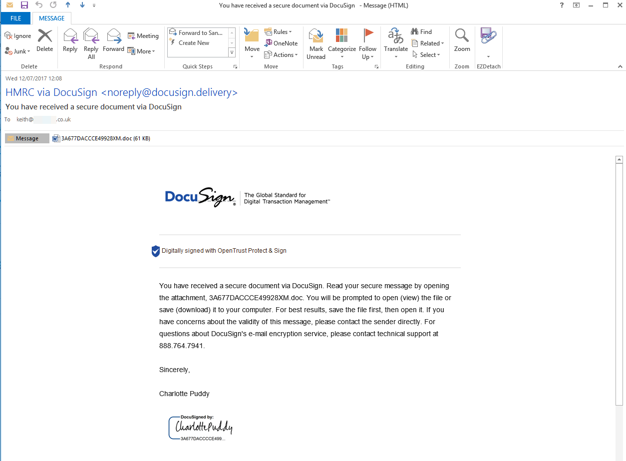 You have received a secure document via DocuSign email